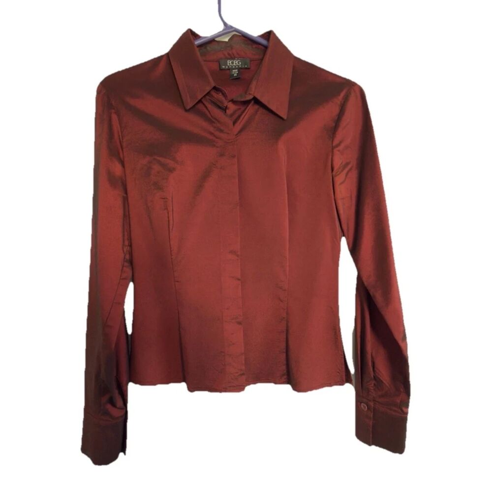 VTG 90s BCBG Max Azria Iridescent Sharkskin Fitted Shirt XS Red Burgundy